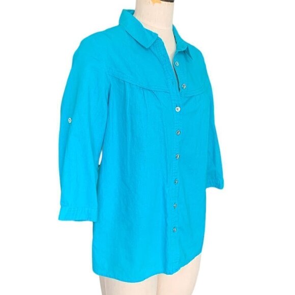 Emma James Linen-Cotton Blend Button Front Roll Tab Shirt M Turquoise 128E - Picture 3 of 9